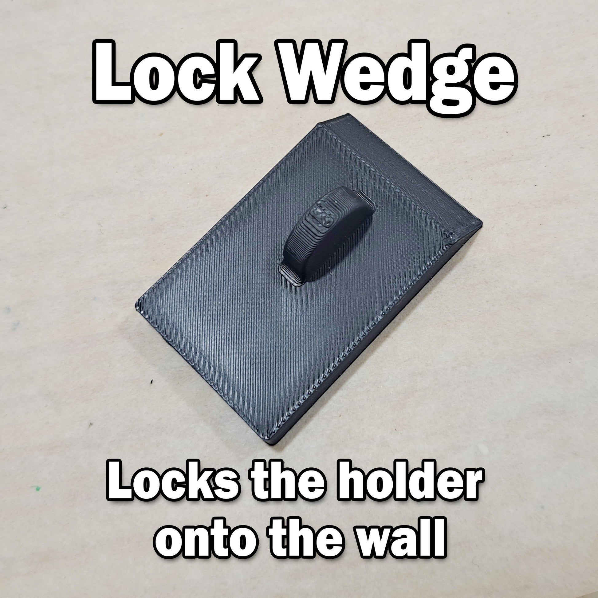 Black lock wedge on a textured surface with text describing its function.
